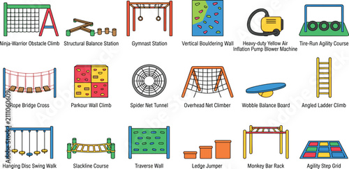 Cuadro en lienzo Ninja Warrior Obstacle Course and Agility Training Equipment Vector Icon Set Fea