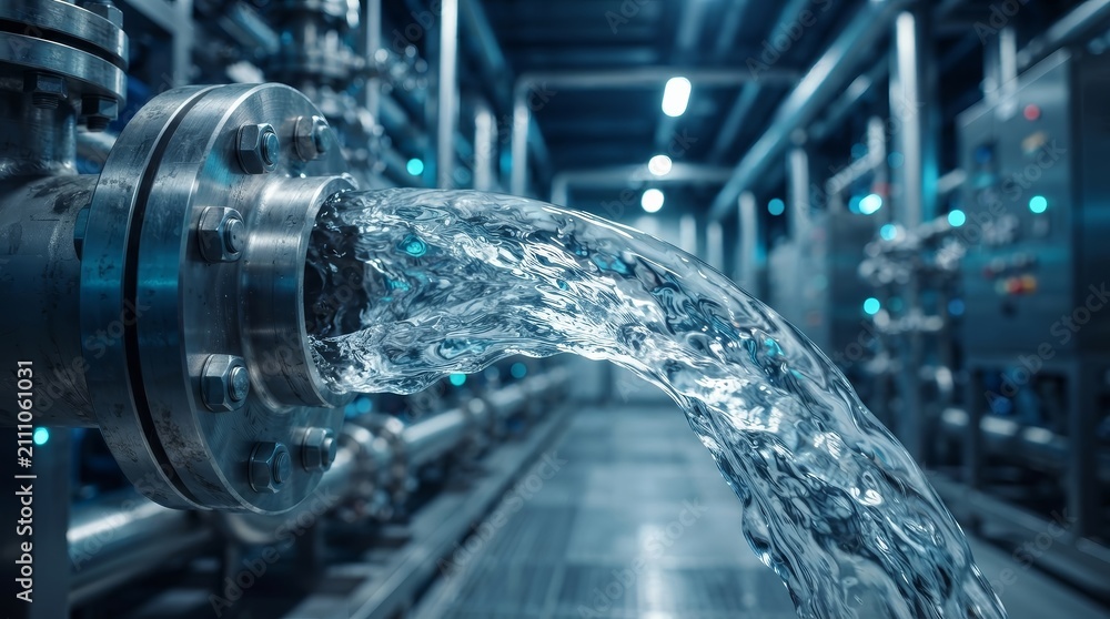Fototapeta premium Turbulent clear water motion flowing through a metal industrial pipe in a technology infrastructure setting.