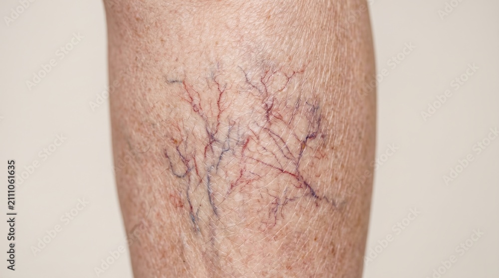 Fototapeta premium Close-up of spider veins telangiectasia and varicose veins on skin of human leg, vascular disease and dermatological problem