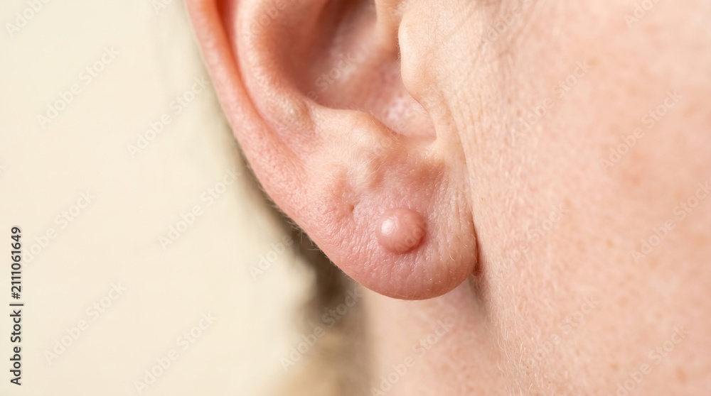 Fototapeta premium Close-up of keloid scar cyst on human earlobe after piercing, dermatological skin imperfection and healing complication