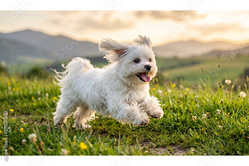Happy white Maltese puppy running across a green grassy field at sunset, playful pet enjoying nature, joyful outdoor activity and companion animal lifestyle