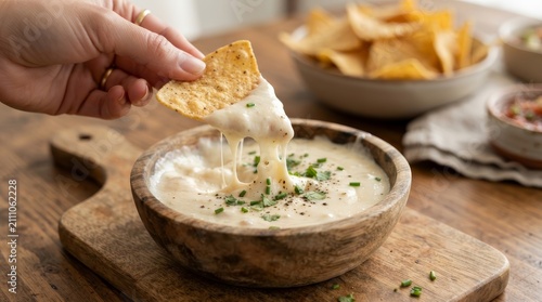 Creamy cheese dip with fresh herbs being scooped by a tortilla chip held by a person.