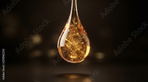 Sparkling golden liquid droplet containing glowing particles against a dark backdrop.