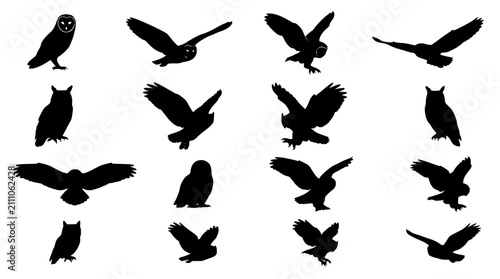 фотографія Nocturnal owl black silhouette vector icon set featuring wild predatory birds of