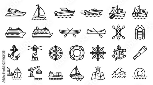 Foto Nautical navigation and maritime transport icon set featuring yachts cruise ship