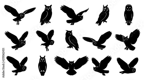 фотографія Nocturnal owl silhouette vector icon collection featuring wild predatory birds i