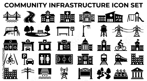 Slika na platnu A comprehensive collection of black silhouette icons representing essential community infrastructure and public services