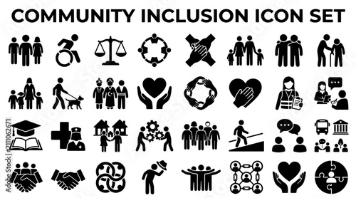 A comprehensive set of black vector icons representing community inclusion, diversity, and social support services.