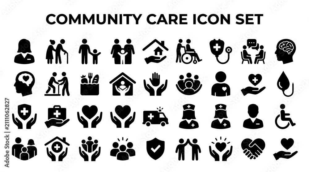 Obraz premium A comprehensive collection of black vector icons representing social support, healthcare, and community assistance.