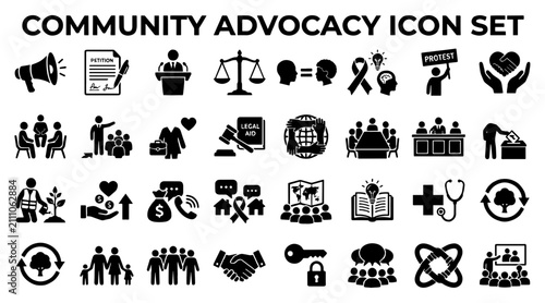 A comprehensive set of black vector icons representing community advocacy, social justice, and civic engagement.