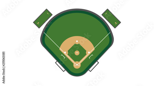 Aerial view of a baseball field with bases, pitcher's mound, and outfield grass, perfect for sports-themed designs and illustrations