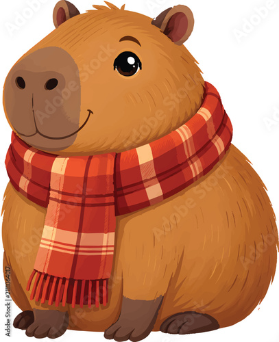 Cute cartoon capybara wearing a red plaid scarf illustration.
