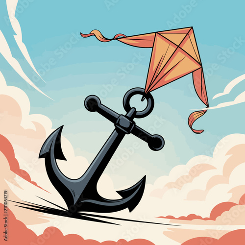 Black anchor with orange kite flying.