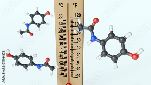 Foto A 3D rendering of paracetamol or acetaminophen molecules and a wooden analog thermometer