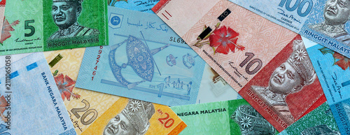 Canvas Print Malaysian ringgit money banknotes pile on table