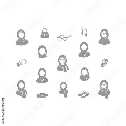 Fotografie Grey silhouette icons depicting Muslim women in hijabs, scarves, and various fas
