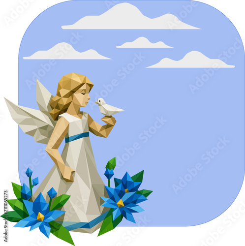 Minimalist low-poly vector illustration of a blonde angel in a white dress holding a peace dove, surrounded by vibrant blue flowers and soft clouds on a light blue background.