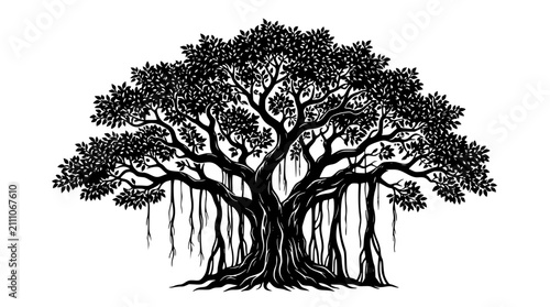 Фотография Vintage Banyan Tree Silhouette Vector Illustration with Detailed Canopy and Aeri