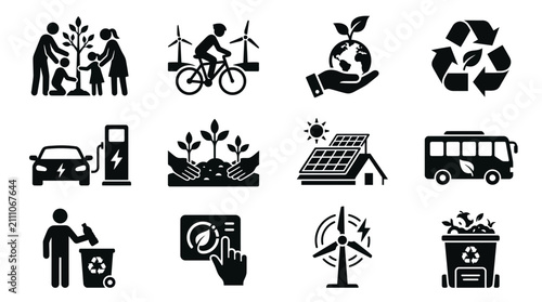 Collection of ecofriendly icons representing sustainability and green living.