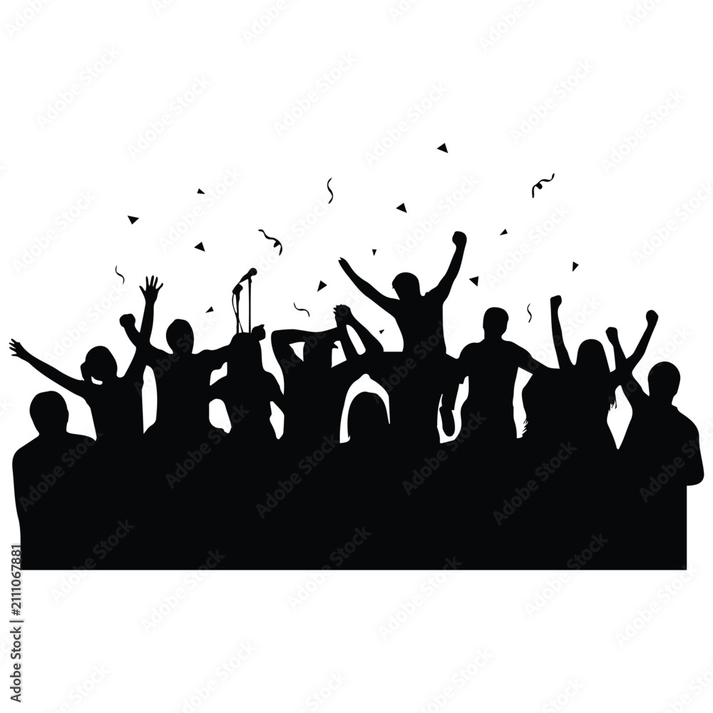 Obraz premium Excited crowd silhouette vector illustration during celebration event on white backdrop.