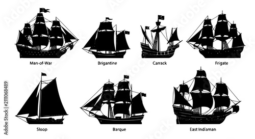 фотографія Historic Wooden Sailing Ships and Antique Naval Vessels Silhouette Icon Set Feat