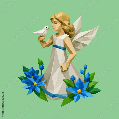 Geometric low-poly vector illustration of a blonde angel in a white dress looking at a peace dove, surrounded by vibrant blue flowers on a solid green background.