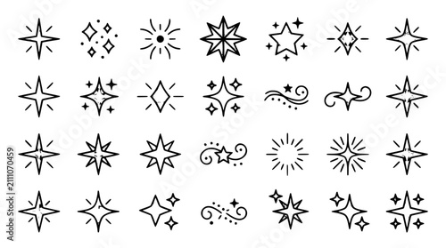 Foto Hand drawn sparkle icon set with cute starry elements shiny magic flares blinkin