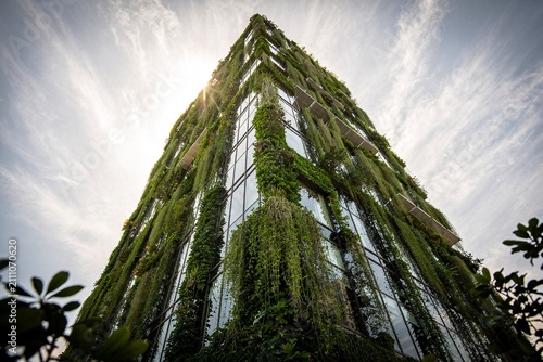 Low Angle Green Skyscraper with Vertical Garden and Solar