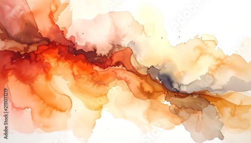 An abstract piece features watercolor-like blends of warm hues, flowing across white background, creating an atmospheric composition