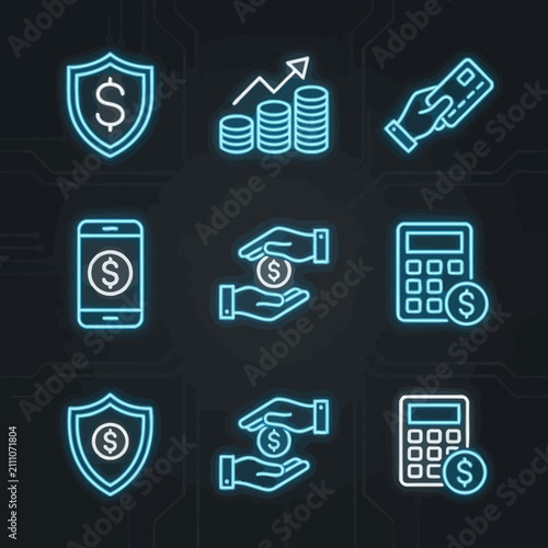 Finance and banking neon icons for mobile payments.