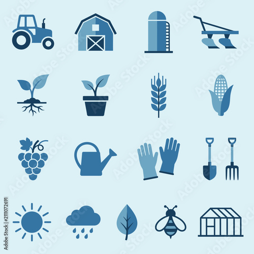 Flat blue agricultural and farming icon collection