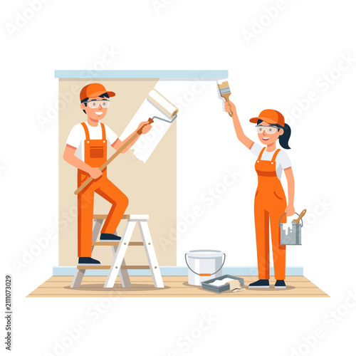 Two painters in orange overalls painting a white wall indoors, with a man on a ladder using a roller and a woman using a brush.