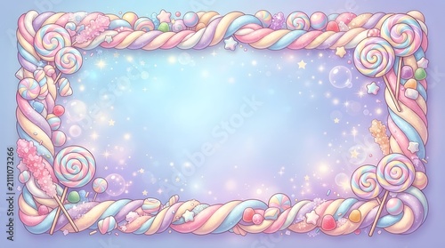 Pastel candy frame with lollipops and marshmallows