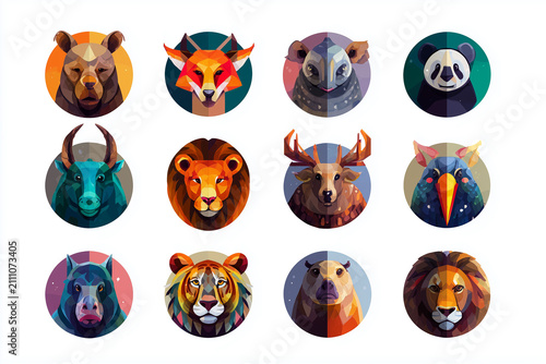 Circular animal head icons in modern geometric style