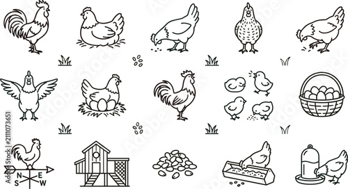 Fotografie Farm Chicken and Poultry Outline Icon Set with Rooster Hen Chicks Nest Eggs Coop