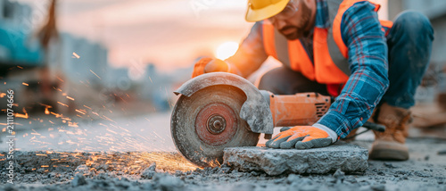 Construction worker using an industrial circular saw to cut concrete slab on building site.