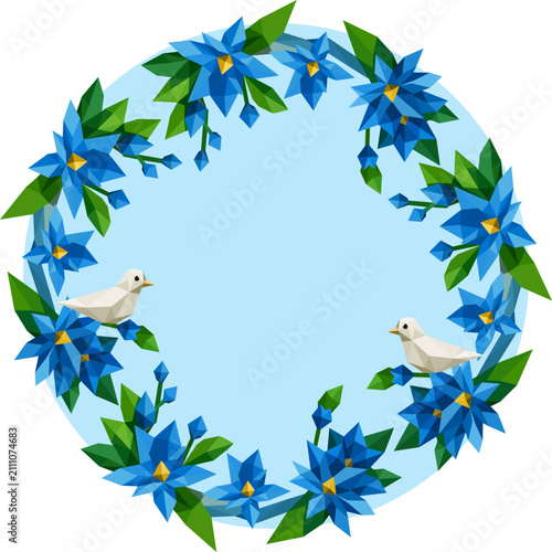 Circular floral wreath in geometric low-poly style, featuring vibrant blue flowers, green leaves, and two white peace doves on a light blue background.