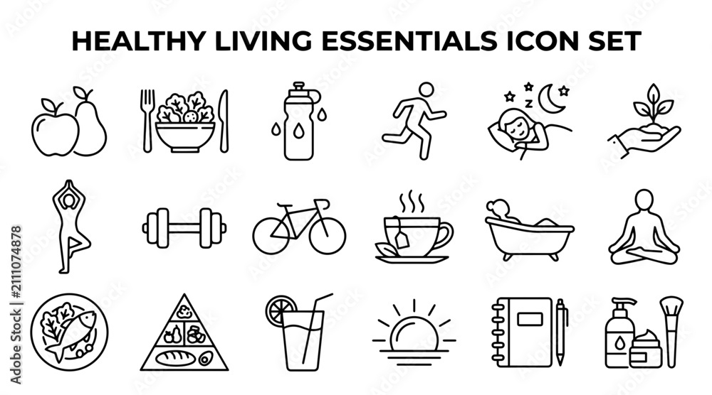 Fototapeta premium Healthy living icons set. Wellness and fitness line art symbols for lifestyle design.