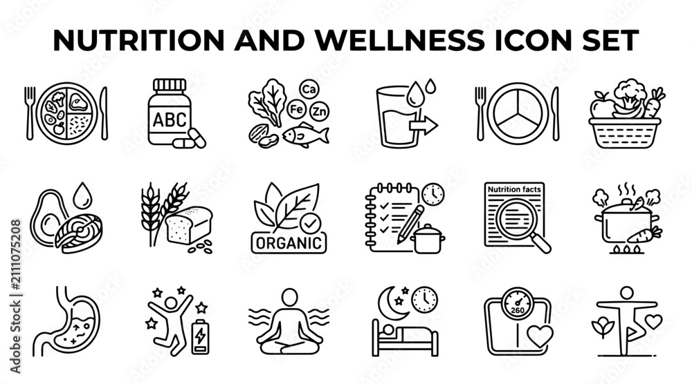 Fototapeta premium Nutrition and wellness icon set. Healthy lifestyle line art symbols for diet and fitness.