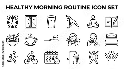 Healthy morning routine icons set. Daily wellness habits and lifestyle line art symbols.