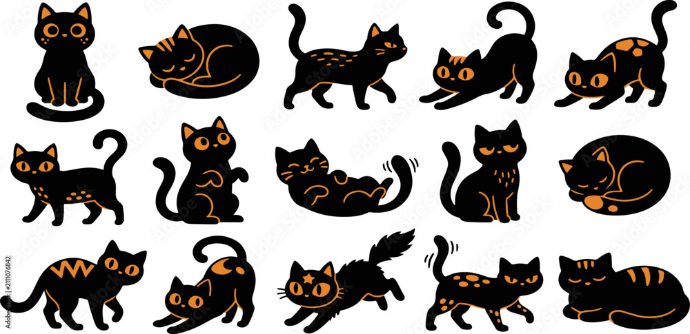 Fototapeta premium Set of cute black cat illustrations in various poses isolated on a white background for sticker designs