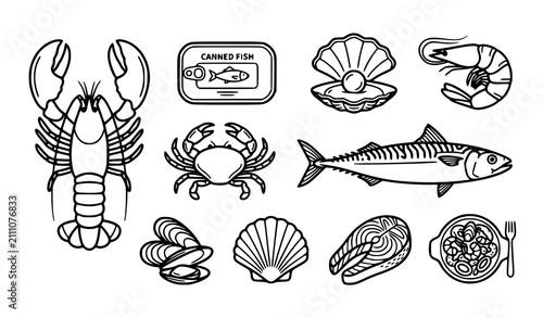 Modern dark red seafood icons featuring lobster fish can oysters and shellfish