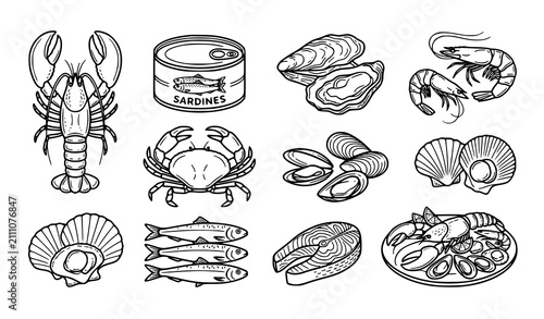 Dark red seafood outline collection with lobster canned fish and oysters vector