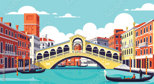 Konstfotografi Wide eye-level vector illustration design of a gondolier navigating a canal past Rialto Bridge in sunny Venice, Italy outdoors