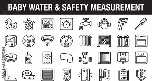 Baby water and home safety measurement icons set featuring monitoring devices and household utility equipment vector illustration