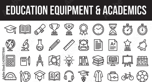 Education and academic equipment line icons set featuring school supplies learning tools and university graduation symbols