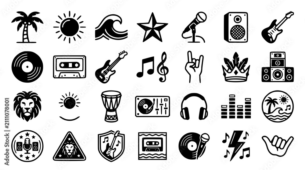 Fototapeta premium Reggae and Rock Music Culture Bold Line Icon Set Featuring Guitars Vinyl Records Cassettes Speakers Headphones Lion Head and Palm Tree Graphics
