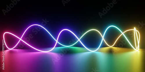 Bild auf Leinwand Abstract 3D digital graphic featuring a looping wavy neon line with a vibrant rainbow gradient and colorful reflections on a dark reflective surface