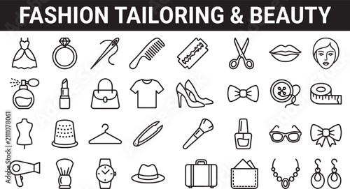 Fashion tailoring and beauty icon set featuring clothing accessories cosmetics and sewing tools in linear style
