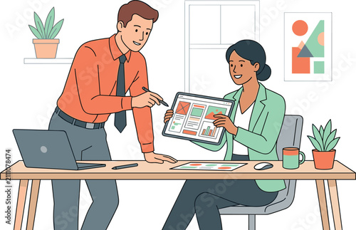Business colleagues collaborating and discussing design wireframes on a tablet in an office vector illustration